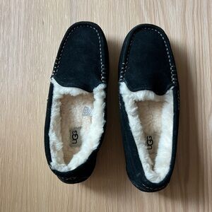 UGG Black Suede Shearling Moccasin Slippers